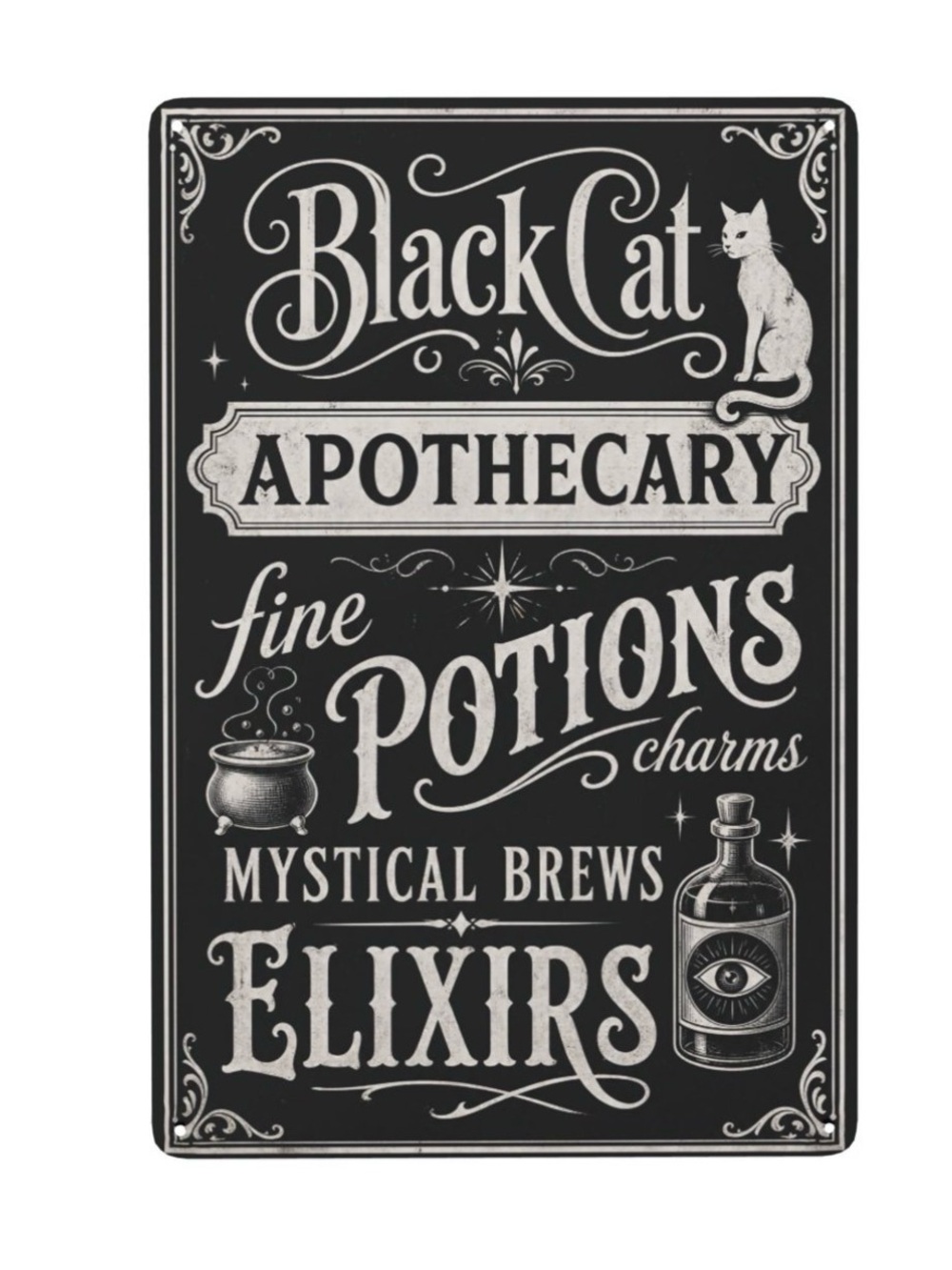 Black Cat Apothecary Black Metal Wall Sign - Mystical Potions Decor Halloween